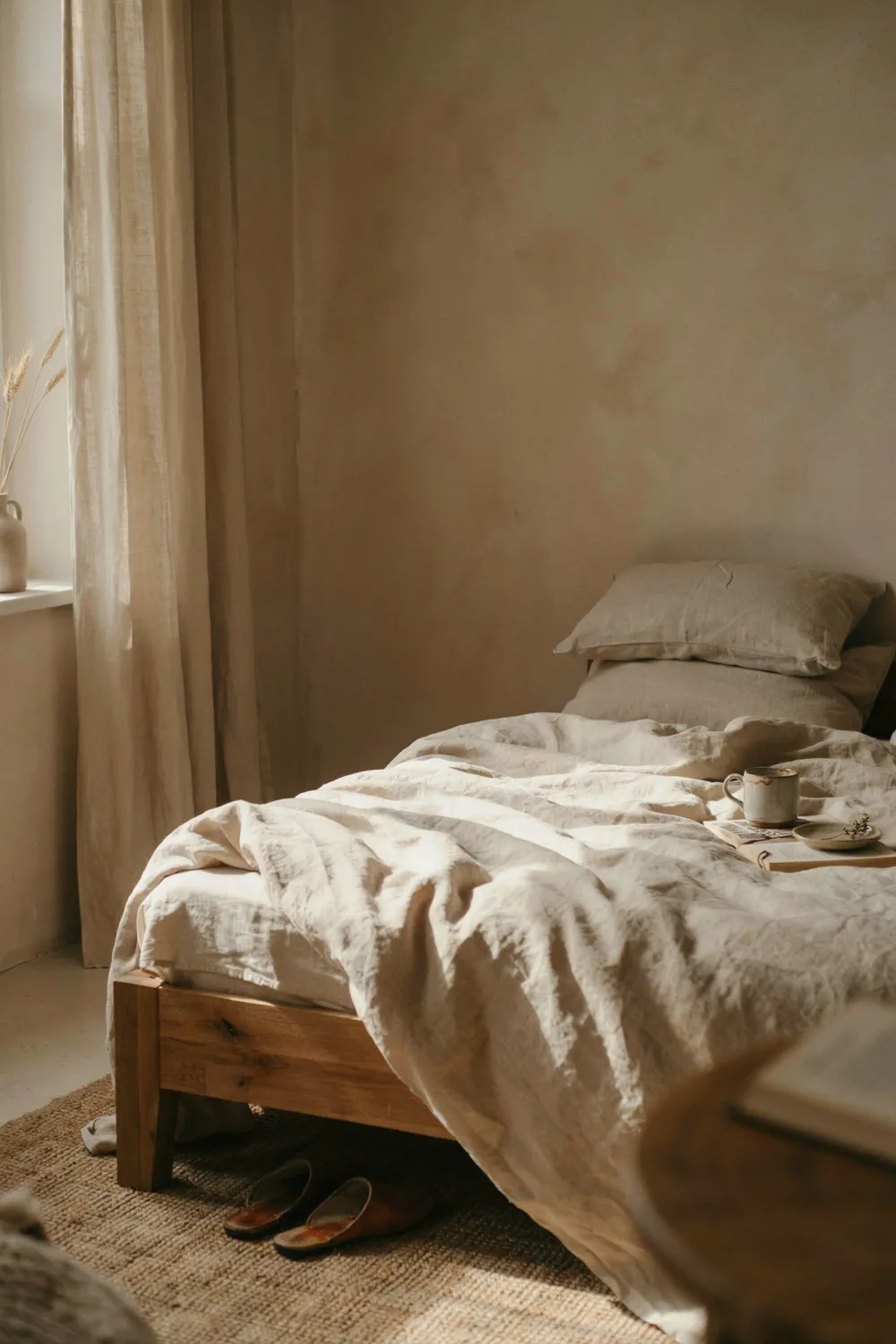 Cozy earthy bedroom with oatmeal linen bedding on a low natural wood bed frame in soft morning light