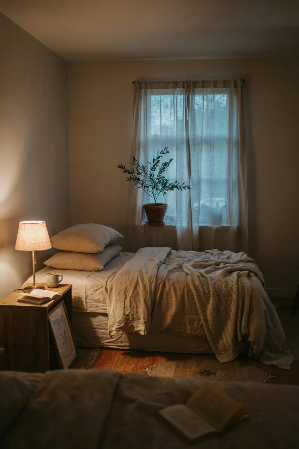 Cozy bedroom at dusk with warm bedside lamp light across layered linen bedding