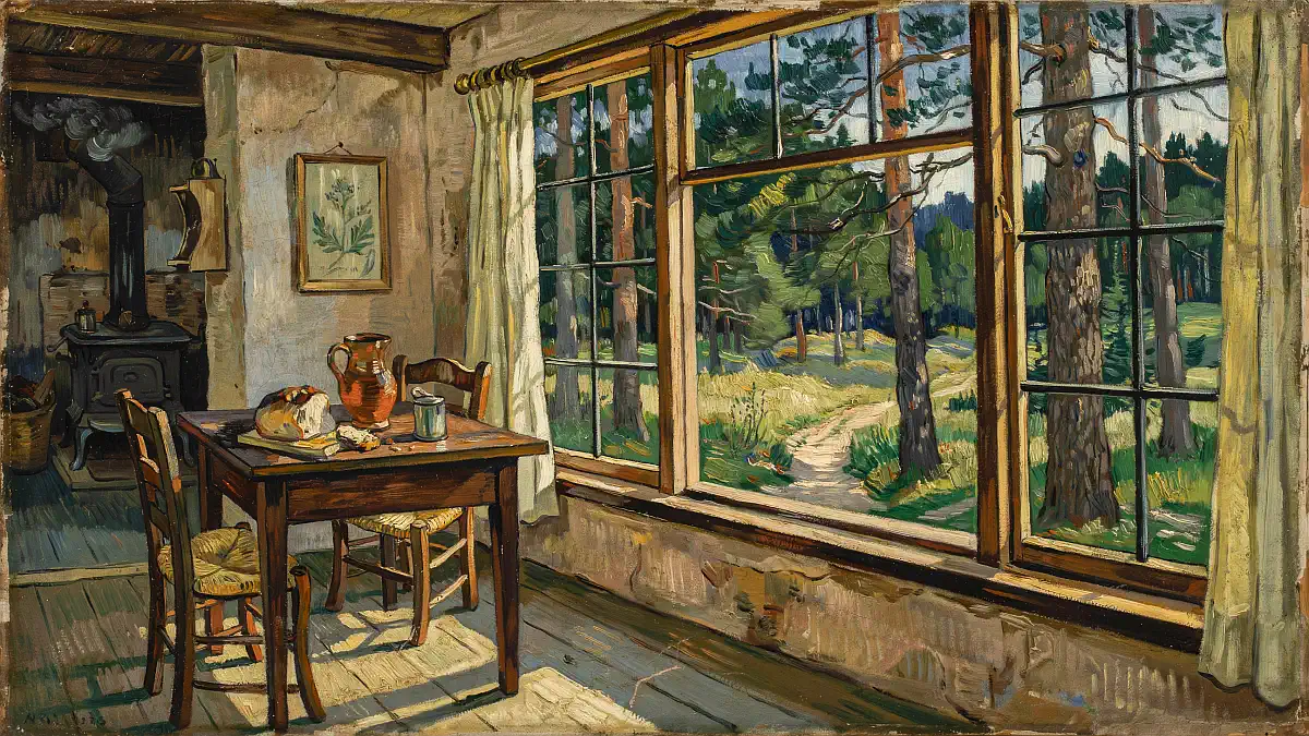 A Van Gogh inspired painting of a Dutch cottage interior with dark wood table, stoneware jug and large windows looking out onto a pine forest path in North Brabant, Netherlands