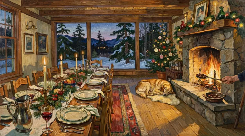 A Van Gogh inspired painting of a warm Pacific Northwest timber cottage at Christmas — long dining table with candles and linen, stone fireplace, chestnuts roasting, a golden dog by the fire, and snow-dusted conifers visible through large windows at dusk