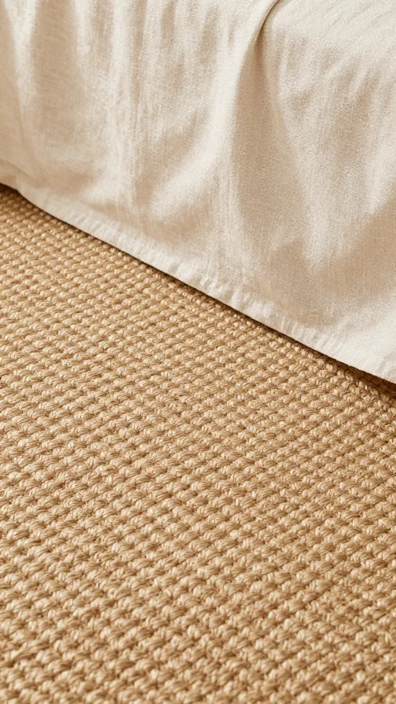 closeup of a woven jute rug approaching a linen bedspread