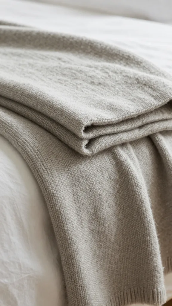 closeup of textured wool throw folded at bed edge