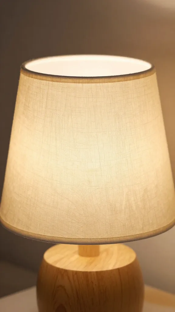 closeup of natural wood bedside lamp with soft warm glow