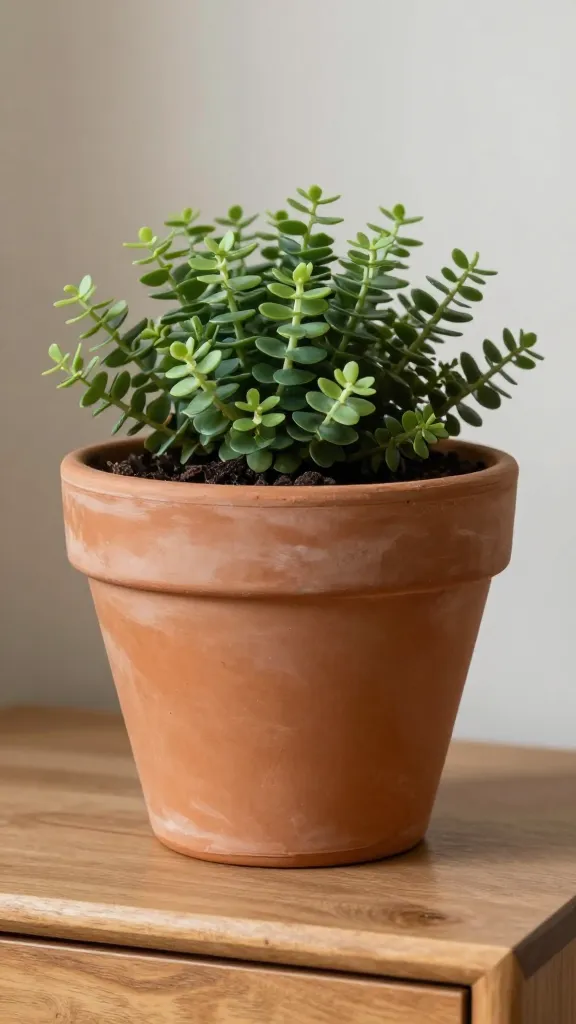 closeup of earthy terracotta planter with greenery on nightstand