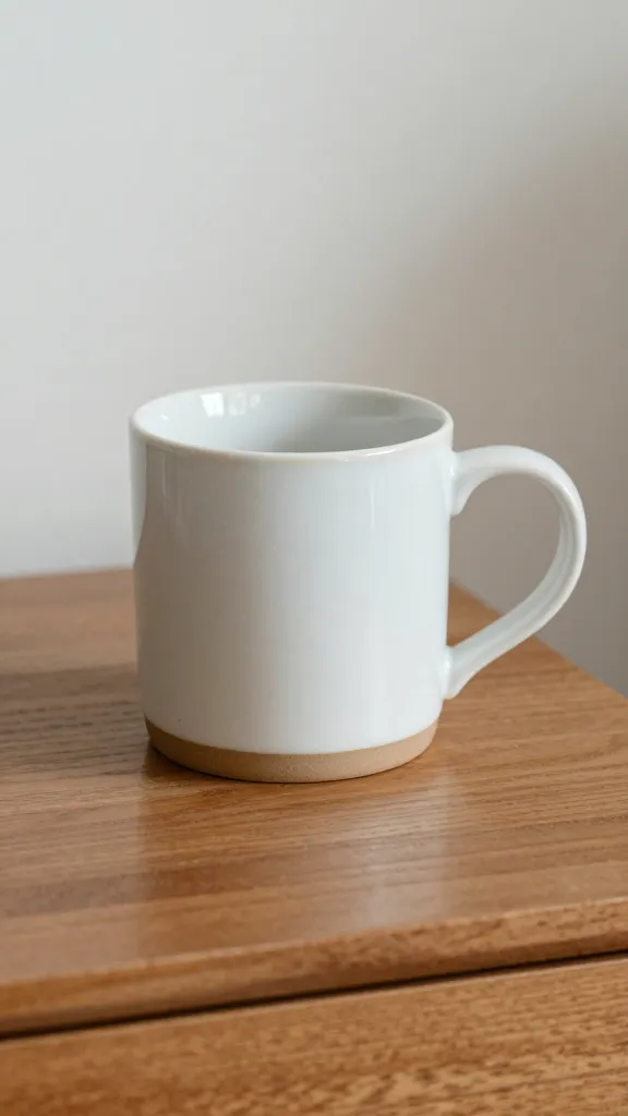 closeup of ceramic mug on wooden nightstand with grain texture