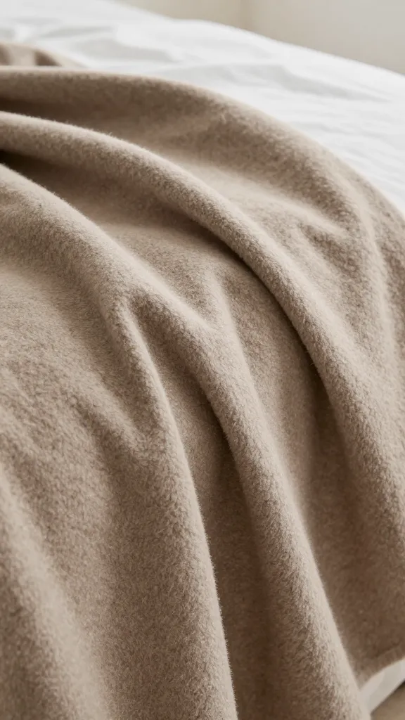 closeup of taupe wool blanket draped over bed