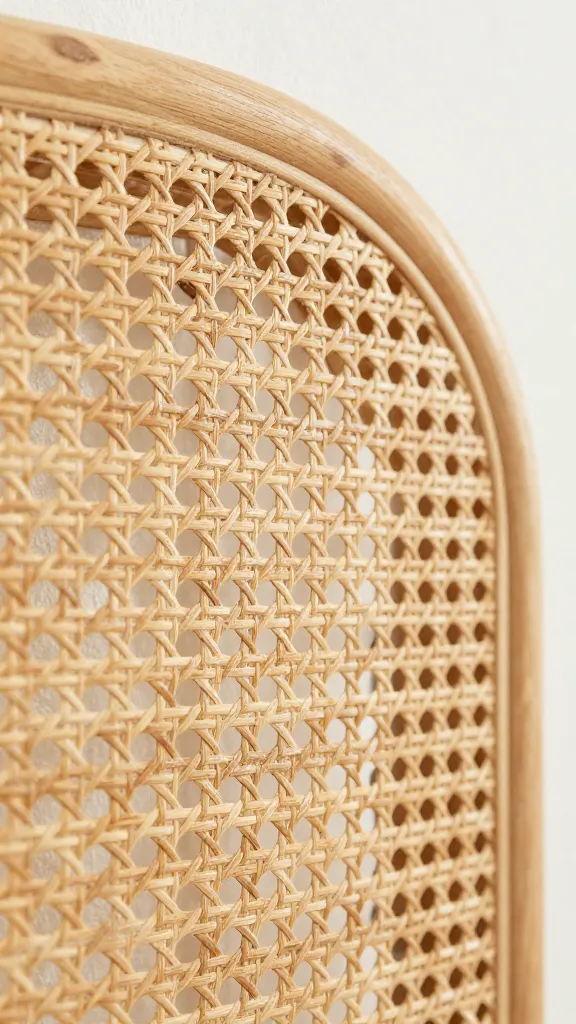 closeup of rattan headboard texture under soft lighting