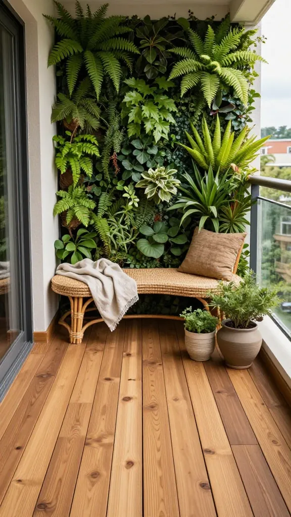 Interlocking composite deck tiles on a small apartment balcony with terracotta pots and trailing greenery