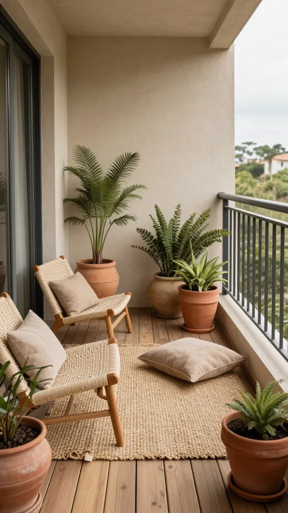 Small balcony layered with jute outdoor rug, terracotta planters, and woven furniture in warm earth tones