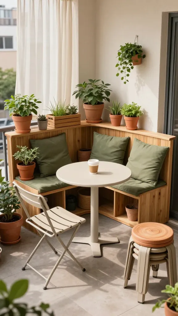 Wooden privacy screen on apartment balcony with climbing flowering plant and trailing greenery