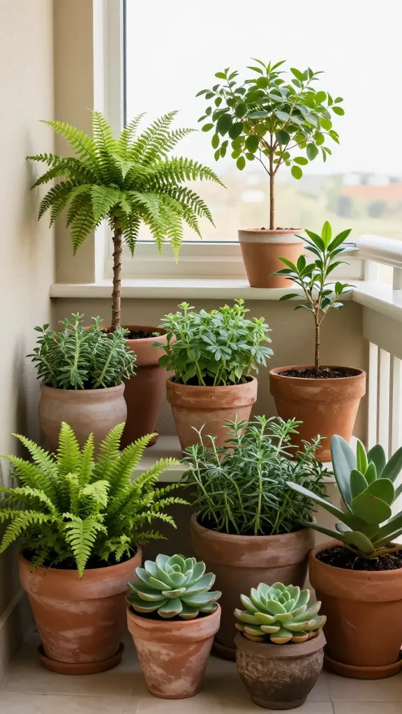 Folding bistro set on small apartment balcony with earth-tone cushions and a potted herb