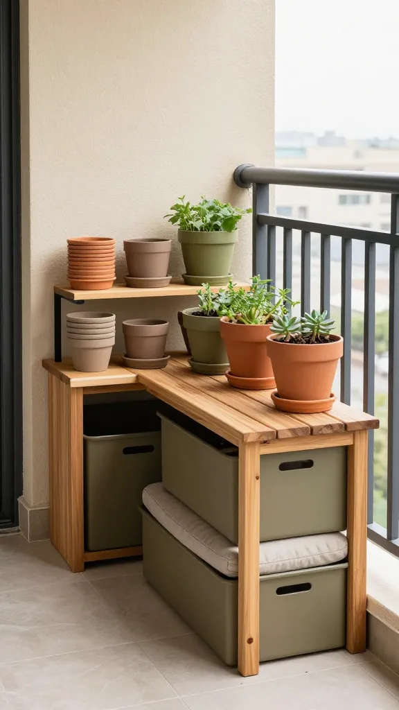Small balcony garden with herbs in terracotta pots, trailing ferns, and drought-tolerant succulents arranged on railing planters
