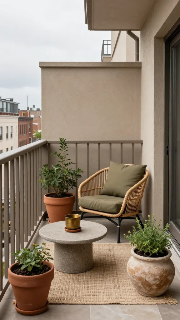 Weatherproof storage bench on small balcony hiding garden supplies with earth-tone cushions on top