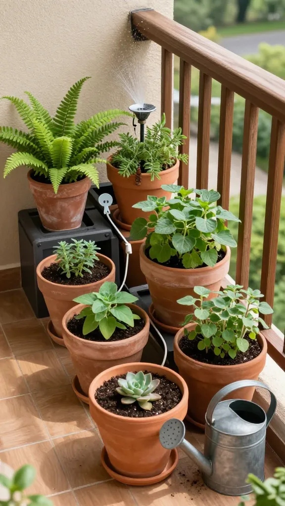 Cantilever umbrella shading a small balcony with folding chair and potted plants