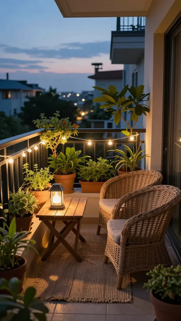 Warm LED string lights wrapped along balcony railing with solar lantern at seating height
