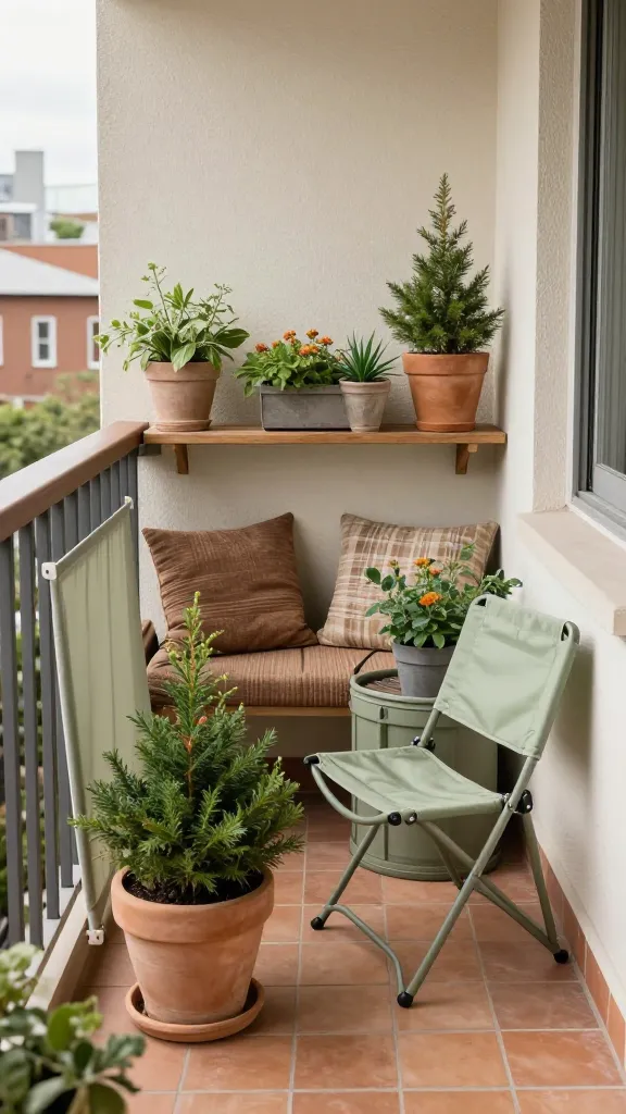Balcony plants prepared for winter with potted herbs on wheeled saucers, cloth-covered pots, and straw mulch