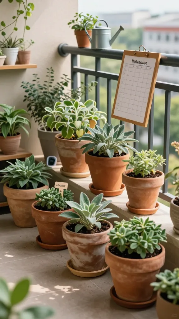 Person checking balcony plant soil moisture with watering can and pruning shears on a small apartment balcony