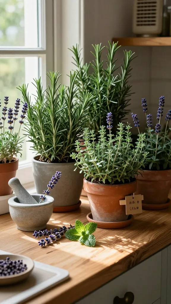 Aromatic herbs and seasonal fragrance plants on a kitchen windowsill