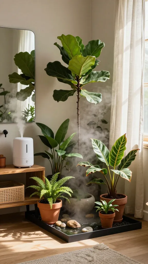 Lush humidity-loving ferns grouped near a bathroom window