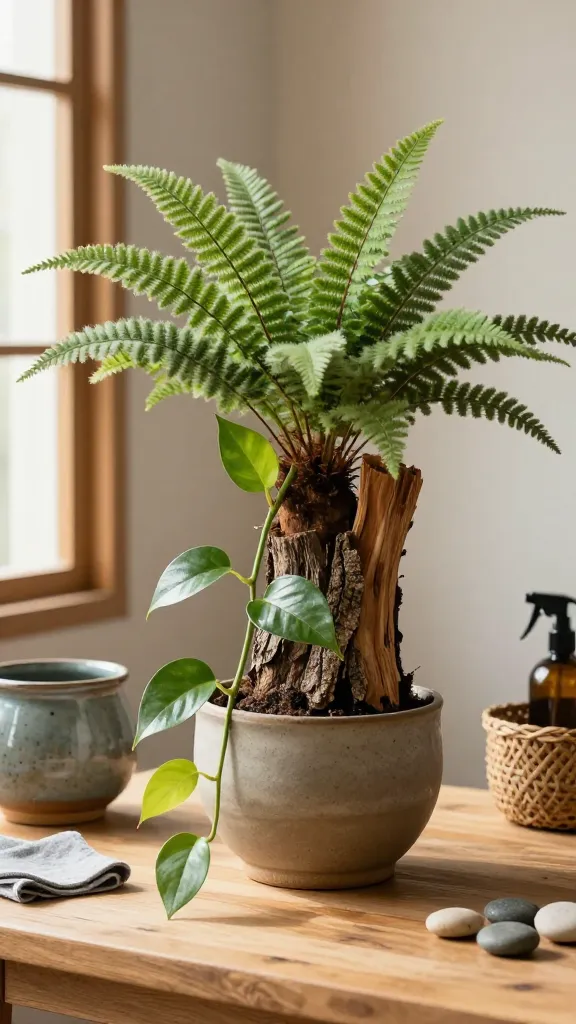Mixed texture display with fuzzy fern, glossy pothos, and bark accents