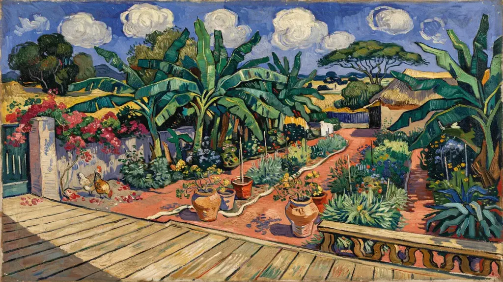 A Van Gogh inspired painting of a lush tropical garden in Africa, with banana palms, bougainvillea, terracotta pots and a red earth path leading to a thatched home — a childhood memory that shaped a lifelong love of natural gardens and earthy living