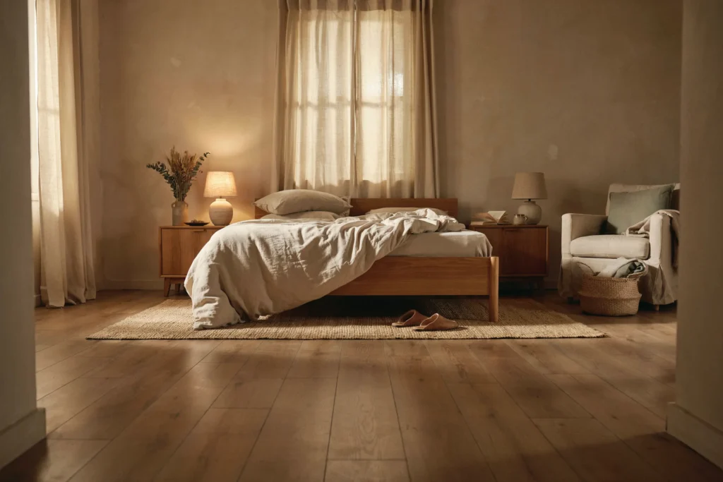 Full view of a cozy earthy bedroom with natural wood furniture, linen bedding, and a linen armchair